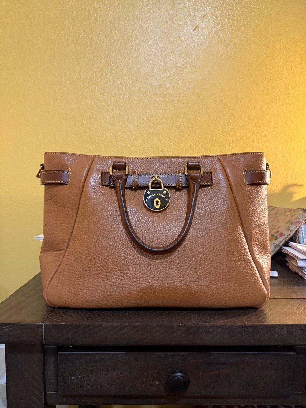 Dooney & Bourke Cognac Pebbled Leather Satchel with Gold Hardware - Picture 4 of 7